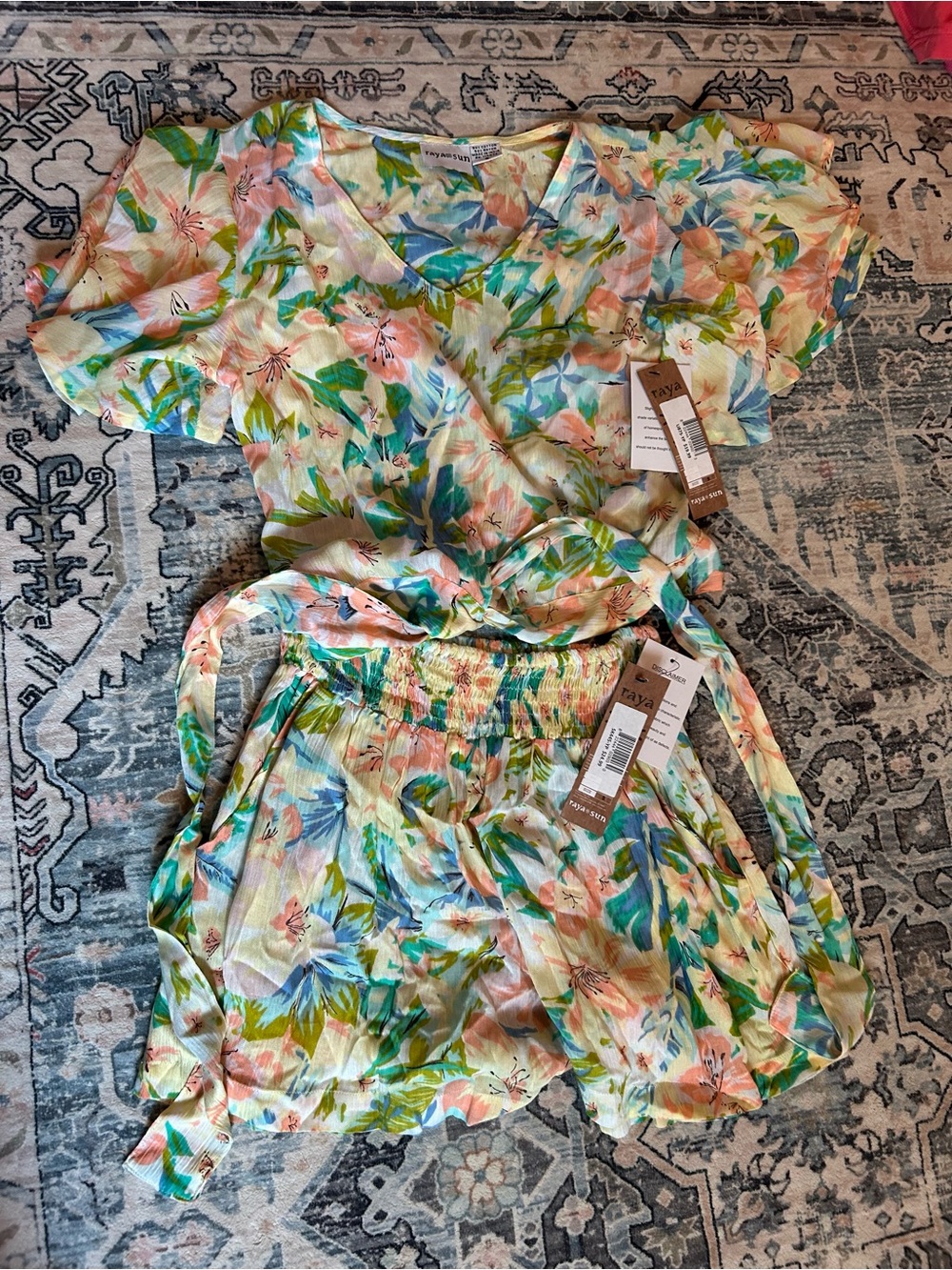 raya sun Floral Tie-Waist Shorts Set - Pink, Green, Blue, Cream